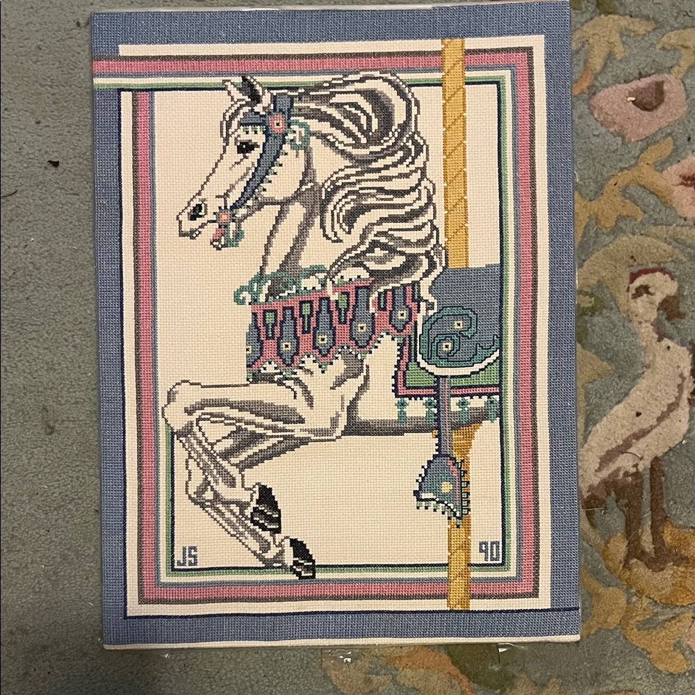 Elegant Carousel Horse Tapestry in Blue and Pink